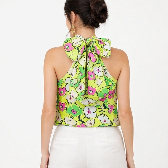 THML Scarf Print Halter Neck Tie Back Sleeveless Chartreuse Floral Y2K Blouse - Picture 4 of 13